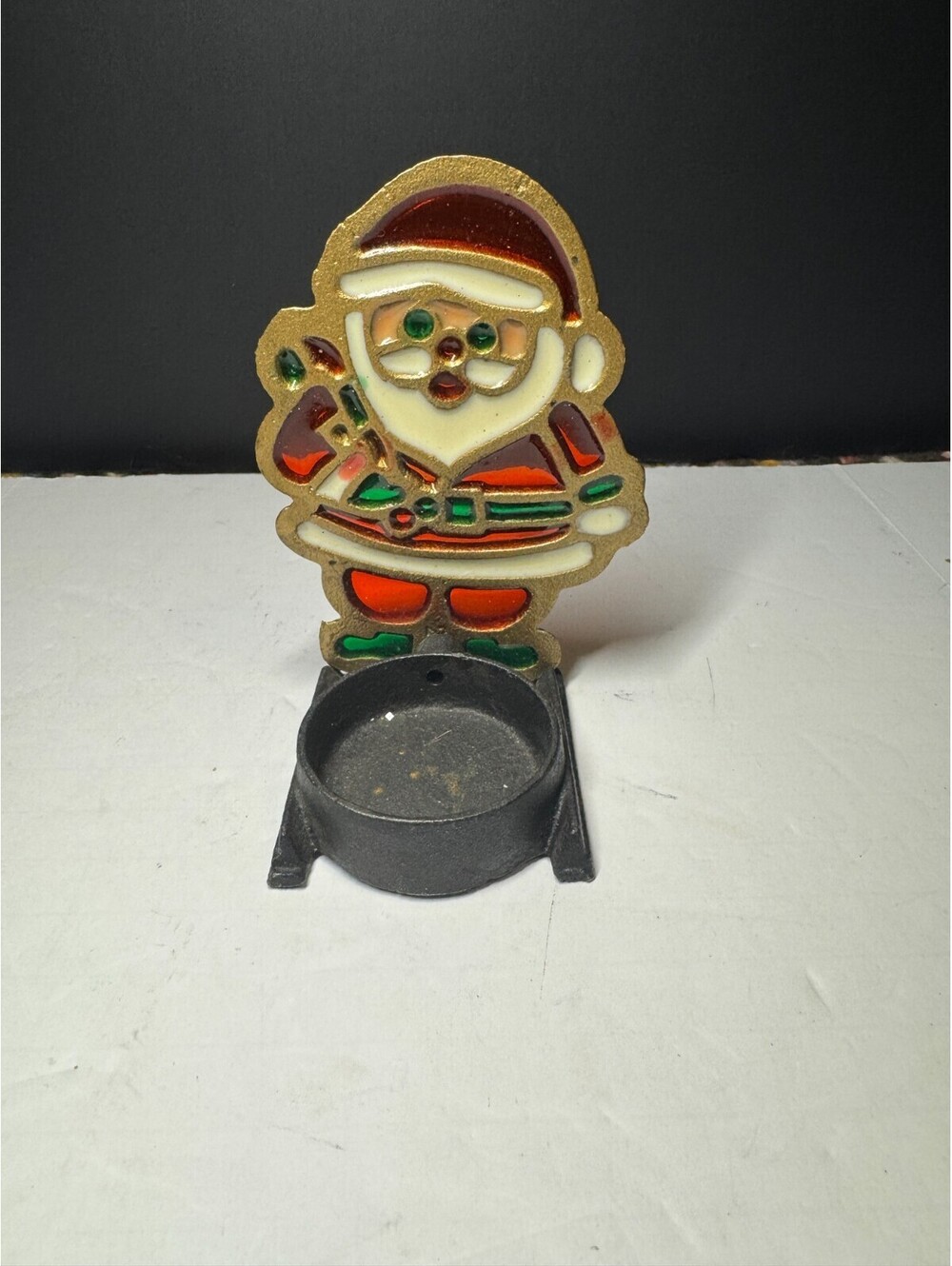Stained Glass Santa Tea Light Candle Holder Cast Iron Stain Glass, 5” Tall